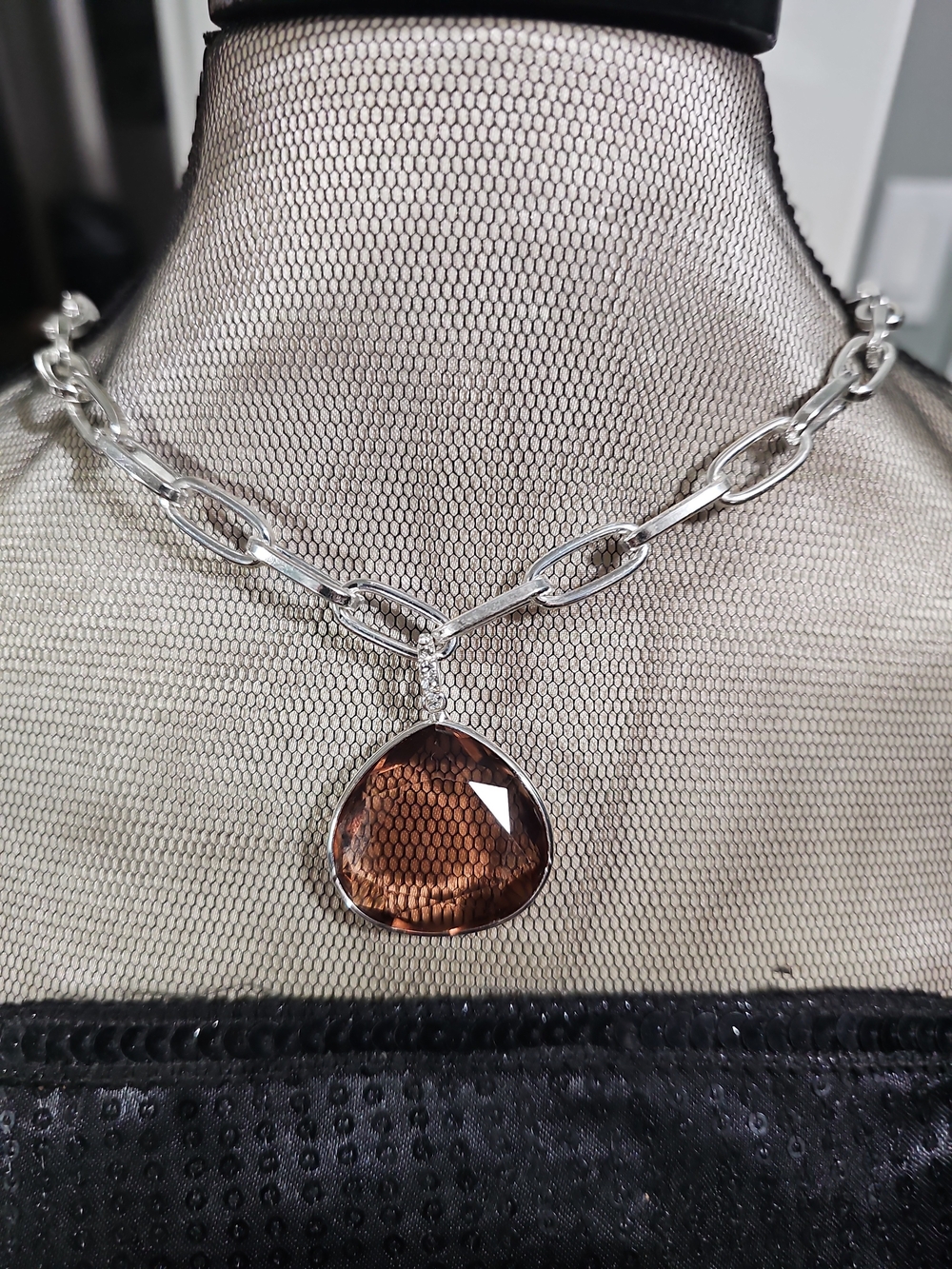Silver Chain Necklace with Brown Quartz Teardrop Pendant